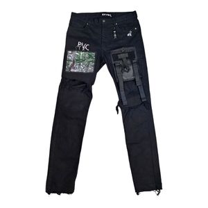 SXVSU Mens Size 32 Distressed PVC Tactical Pocket Denim Jeans With Keychain Clip